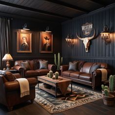 a living room with couches, chairs and pictures on the wall above them is dark wood paneling