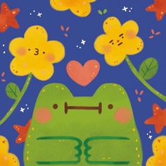 a painting of a frog with flowers and hearts