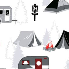 an image of a camping site with tents and campfire in the snow on a white background