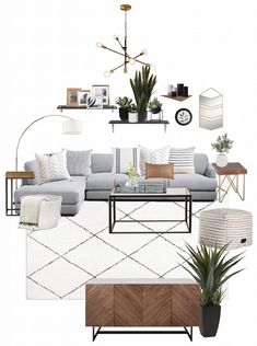 a living room filled with lots of furniture and decor on top of a white floor