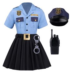 a police officer uniform is shown with two radio's and a hat on top