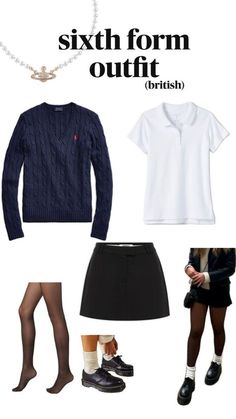 a woman in black skirt, white shirt and blue sweater with text that says sixth form outfit