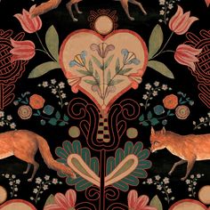 a painting of two foxes and flowers on a black background