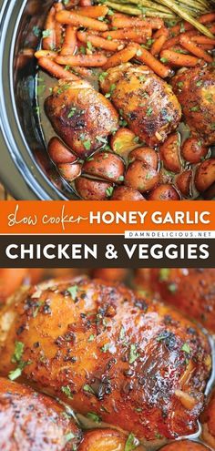 SLOW COOKER HONEY GARLIC CHICKEN AND VEGGIES, crocktober, crockpot meals Honey Garlic Chicken And Veggies, Slow Cooker Honey Garlic Chicken, Resep Vegan, Veggies Recipes, Chicken And Veggies, Salad Pasta, No Cooking, Honey Garlic Chicken, Crock Pot Slow Cooker