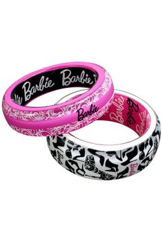 two bracelets with black and pink designs on them