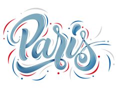 the word paris is painted in blue and red colors with swirls on white background