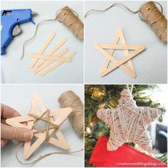 four different pictures of christmas decorations made from popsicle sticks and twine, including a star ornament