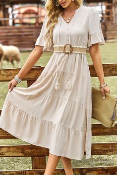 Ruffled Solid Color V Neck Casual Dress Cowboy Clothing, Casual Dress Short, Cheap Clothing, Dress Item, Cowboy Outfits, Western Women, Short Dresses Casual, Color Fabric, Cheap Clothes