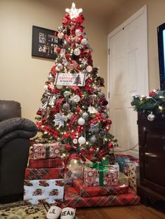 a christmas tree with presents under it