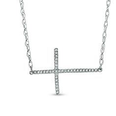 Faith meets fashion in this stylish diamond design for her. Fashioned in sleek sterling silver, this necklace features a traditional cross, lined with shimming diamond accents and turned on its side. Buffed to a brilliant luster, this cross suspends centered along an 18.0-inch rope chain that secures with a spring-ring clasp. Sideways Cross Necklace, Cross Necklace Sideways, Sterling Silver Cross Necklace, Silver Bling, Necklace Clasps, Diamond Cross Pendants, Solitaire Necklaces, Cluster Necklace, Local Jewelry