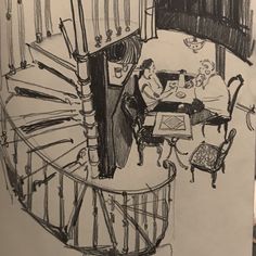 a drawing of two people sitting at a table in front of a spiral staircase