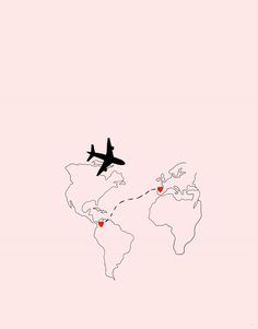 an airplane flying over the world with hearts on it's tail and in the air