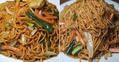 two pictures of noodles and vegetables on a plate