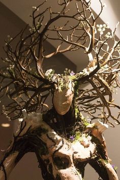 a deer head with branches and flowers in it's antlers on display at a museum