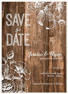 save the date card with flowers and leaves on wooden planks, in white ink