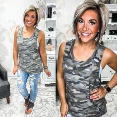 Let Me Be Distressed Tank - Camo Distressed Sleeveless Tank Top For Summer, Casual Distressed Tank Top, Casual Camouflage Tank Top For Summer, Casual Camouflage Tank Top, Sleeveless Camouflage Cotton Top, Casual Camouflage Sleeveless Top, Sleeveless Camouflage Top For Spring, Rachel Clark, Styling Guide