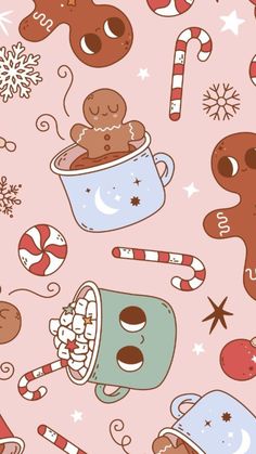 a pink background with christmas items and candy canes