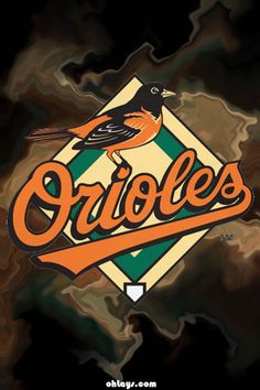 the baltimore orioles logo is shown on a black and orange marbled background with an orange bird