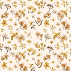 a white background with yellow and brown flowers on it's sides, all in different sizes