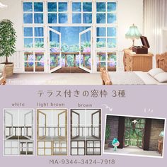 an advertisement for a house with windows and furniture in different styles, sizes and colors