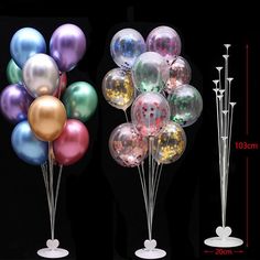 several balloons are shown in different colors and sizes, along with the height of each balloon