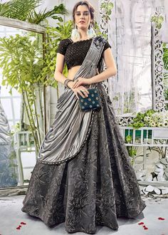 #Grey Jacquard #Lehenga #Choli with #Dupatta Grey Lehenga Color Combos, Lehenga Color Combos, Grey Lehenga, Black Lehenga