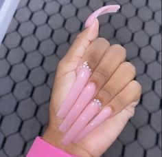 Xxl Long Acrylic Nails Pink, Pink Nail Long, Recreation Pictures, Tapered Nails, Acrylic Nails With Rhinestones, Curve Nails