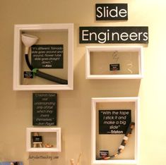 there are three framed pictures on the wall with words and other things in them that say side engineers