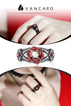 Vintage Style Two Tone Black Ring With Red Rose Flower Design Silver Diamond Jewelry With Rose Design, Diamond Rose Design Promise Ring, Diamond Rings With Rose Design For Promise, Diamond Promise Ring With Rose Design, Red Diamond Flower Ring Gift, Fine Jewelry Rose Design Ring, Red Diamond Flower Ring As Gift, Red Diamond Flower Ring For Gift, Elegant Rose Red Promise Ring