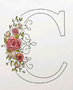 the letter c is decorated with flowers and leaves on it's side, as well as an uppercase