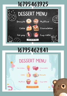 the menu for desserts is shown with an image of a teddy bear