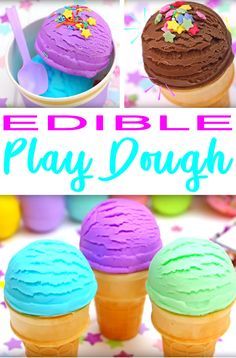 there are three ice cream cones with different colors on them and the words edible play dough