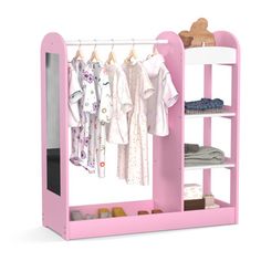 a pink toy closet with clothes and shoes