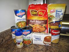 an assortment of food items sitting on top of a counter