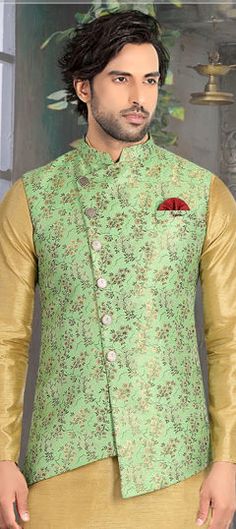 Green color Nehru Jacket in Brocade fabric with Printed work Luxury Green Nehru Jacket For Festive Season, Traditional Fitted Pista Green Nehru Jacket, Festive Green Raw Silk Nehru Jacket, Luxury Pista Green Fitted Nehru Jacket, Luxury Pista Green Nehru Jacket, Luxury Traditional Green Nehru Jacket, Luxury Green Nehru Jacket With Floral Embroidery, Luxury Green Raw Silk Nehru Jacket, Traditional Green Nehru Jacket