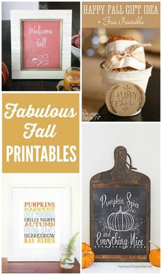 four different fall printables are featured in this collage with the words, happy fall