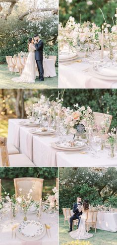 the bride and groom are posing for pictures at their wedding reception in an outdoor setting