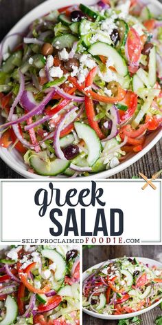 greek salad with cucumber, olives and feta cheese in a white bowl