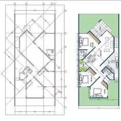 two drawings of the same building and one drawing of an open floor plan with blueprints