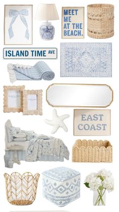 a collage of blue and white decor