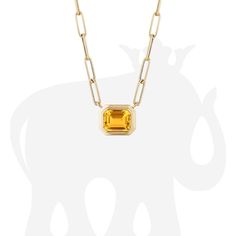 JP0125 'Manhattan' Emerald Cut East-West Pendant in 18K Gold Chain length: 16 in (Included) Stone Size: 9 x 7 mm Formal Yellow Necklace With Polished Finish, Formal Yellow Necklaces With Polished Finish, Yellow Gold Octagon Gemstone Necklaces, Classic Yellow Gold Octagon Necklace, Classic Citrine Necklaces For Formal Occasions, Classic Yellow Necklaces For Formal Occasions, Classic Citrine Gemstone Necklace, Formal Yellow Citrine Necklace, Classic Yellow Gemstone Necklace