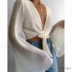 Lasaky - Monochromatic Bell-Sleeve Blouse Plus Size Base, Blouse Size Chart, School Outfit Women, Flare Long Sleeve, Blouse Material, Cropped Tops, Bell Sleeve Blouse, Chiffon Shirt, Crop Blouse