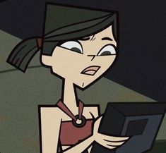 a cartoon character holding a box in her hand and looking at the viewer's screen