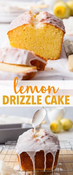 a lemon drizzle cake with icing on top and the words lemon drizzle cake above it