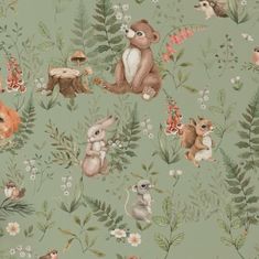 a green wallpaper with animals and flowers