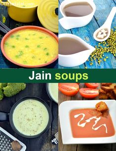 four different soups are shown in this collage