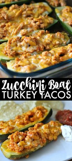 zucchini boat stuffed with turkey and cheese in a casserole dish