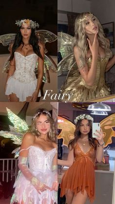 four different pictures of women dressed in fairy costumes, one with wings and the other with flowers on her head