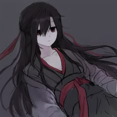 an anime character with long black hair wearing a gray and red kimono over her shoulder