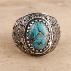 Presented by Tishita Jain in India this men's ring circles the finger with intricate patterns in oxidized sterling silver. An oval cabochon of composite turquoise centers this bold accessory. Adjustable Engraved Turquoise Ring, Rings Silver Men, Mens Turquoise Rings, Bold Accessories, Turquoise Ring Silver, Lapis Lazuli Ring, Circle Ring, Turquoise Rings, Men's Ring